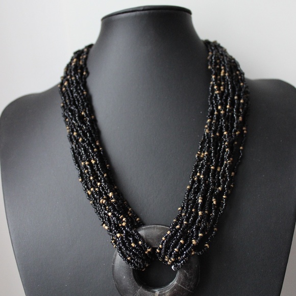 1980s boho tribal multistrand necklace beads horn black gold glass collier - Picture 4 of 11